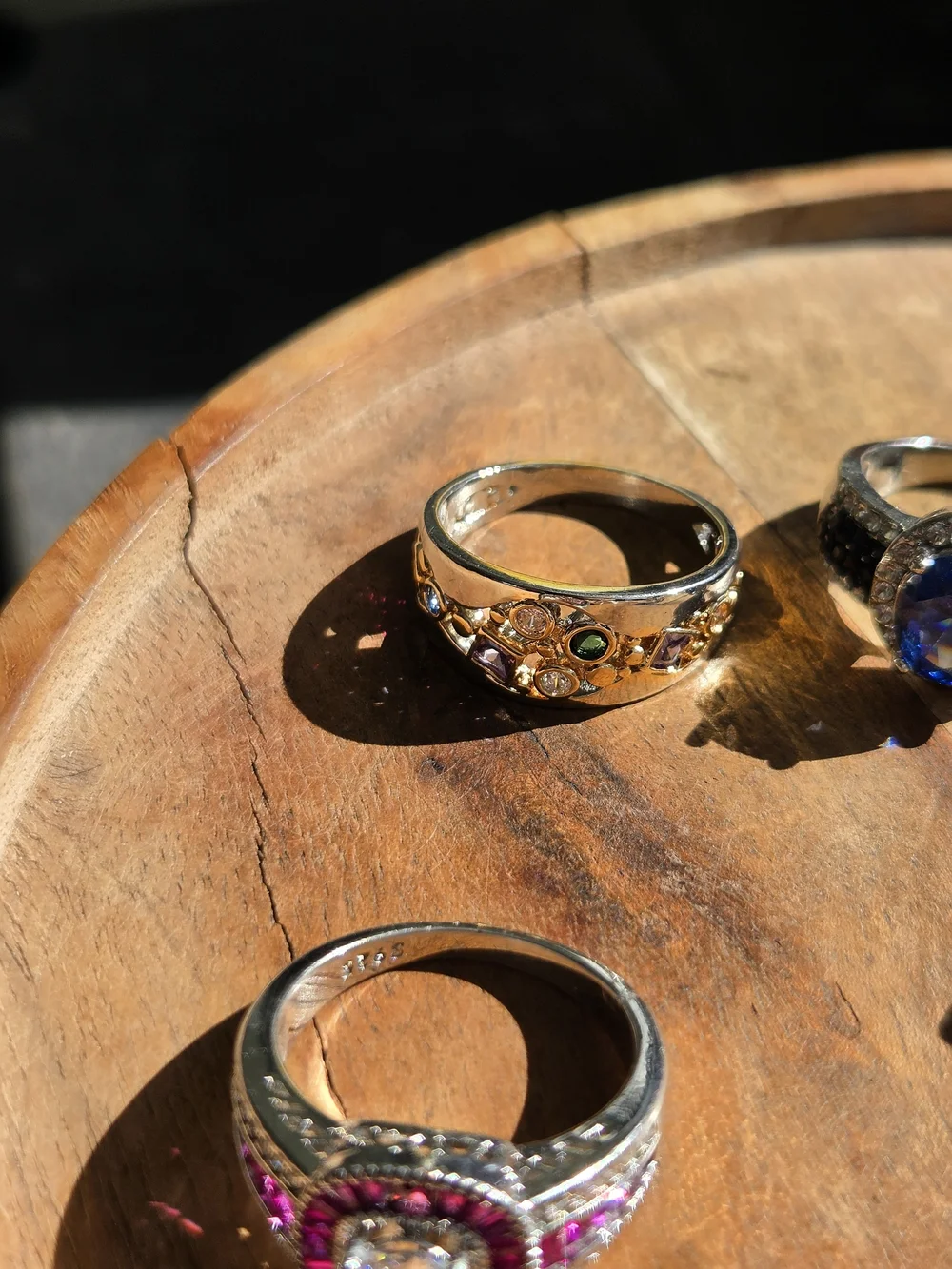 Silver Tone Multi-Stone  Ring - Sparkling Clear and Blue Accents